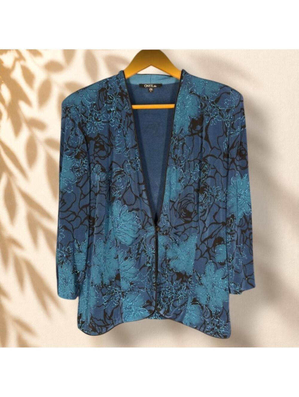 Onyx Nite Blazer Women L Large Blue Floral V-Neck One Button Long Sleeve Lined